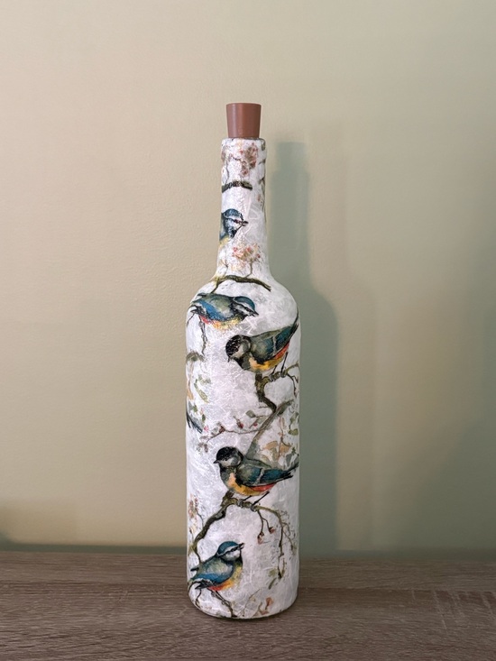 Hand Crafted Other - Decorated Wine Bottle, Decoupaged Bird Decor, Home Decor, Gifts
